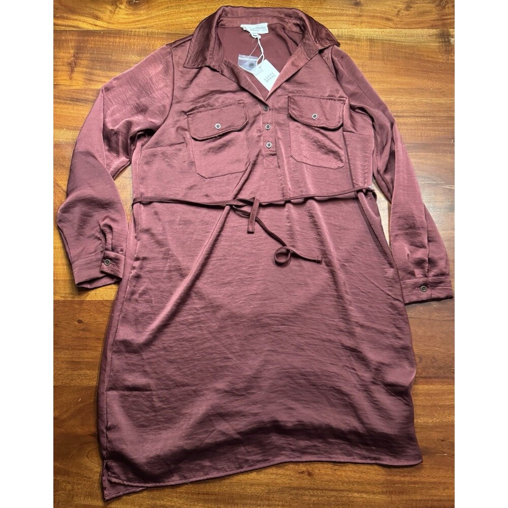 Lucky Brand Red Satin Shirt Dress Tie Waist Long Sleeve Petite Large PL - NWT